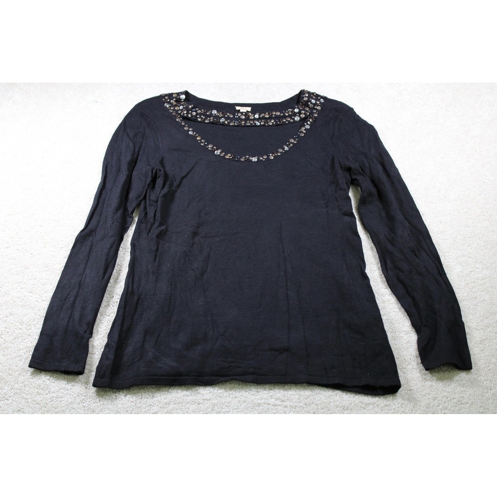 Reba Sweater Womens Small Black Long Sleeve Beaded Neck Pullover Lightweight Top